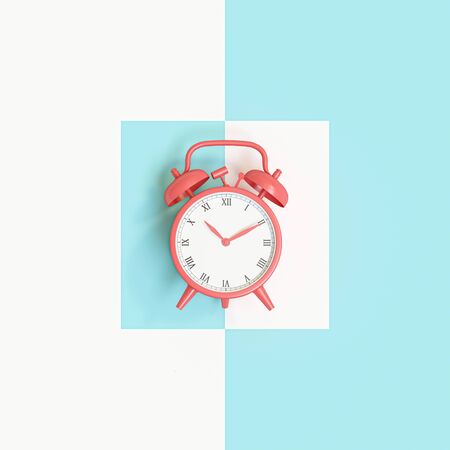 3d image render of a classic coral alarm clock on a blue and white background