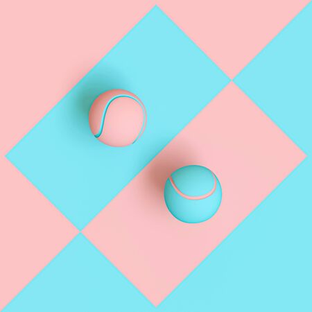 blue and pink tennis balls on a two-tone geometric background, flat lay style, 3d rendering. Concept of difference between sexes and uniqueness.の写真素材