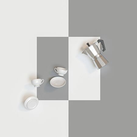 traditional Italian coffee maker and ceramic cups on a white and gray background. 3d image render in flat lay styleの写真素材