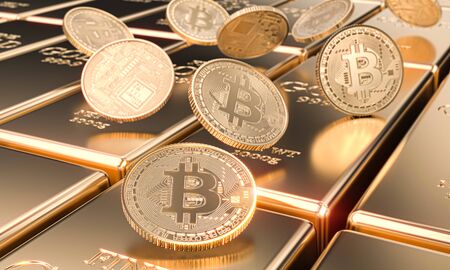 several bitcoin motes on gold bars, cryptocurrency and virtual finance concept. 3d image render