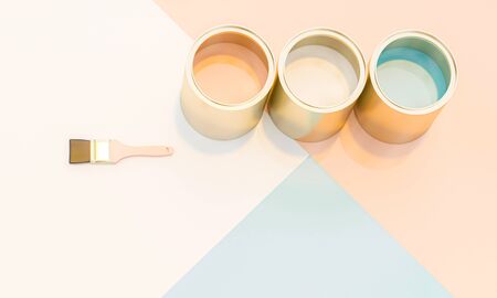 3d render image of paint cans and brushes with background in various colors. style flat lay.の写真素材