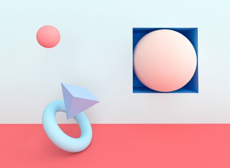 abstract solid geometric shapes in pastel blue and pink tones. 3d image renderの写真素材