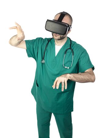 caucasian doctor uses glasses for virtual reality isolated on white.の写真素材