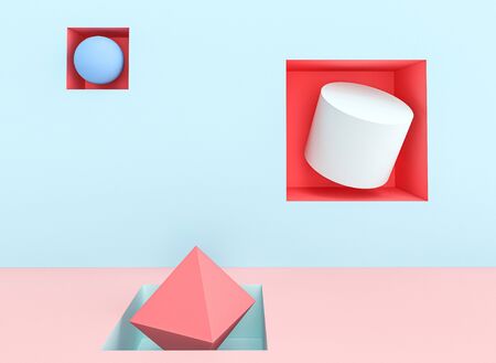 3d render image of a series of geometric objects in pastel shades.の写真素材