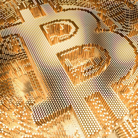 3d render image of a gold colored bitcoin symbol composed of hexagonal geometric elements.Cripto coin conceptの写真素材