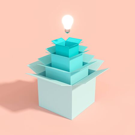 3d image render of a light bulb coming out of a series of boxes of different sizes. Concept of creativity and innovative ideas.の写真素材