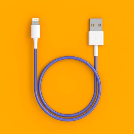 3d render of a classic usb cable on a orange background in a flat lay styleの写真素材