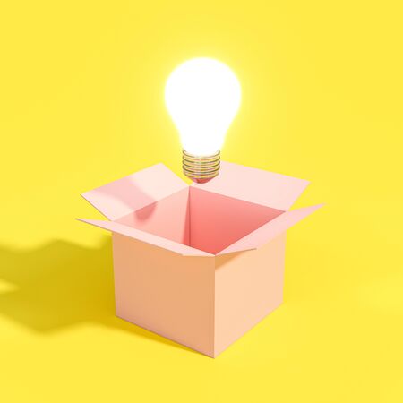 3d image of a lit light bulb coming out of an empty box. concept of idea and innovation.の写真素材