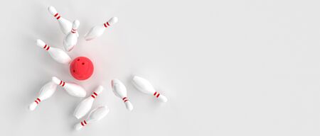 bowling game, the ball hits the pins and strikes. 3d image. concept of sport and entertainment.の写真素材