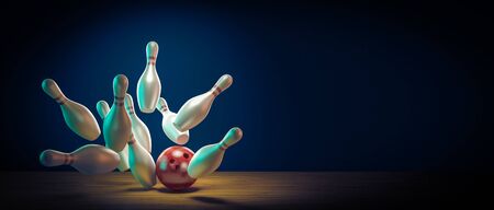 concept of fun and sport. Bowling ball hits the pins by doing a strike. 3d render image.の写真素材