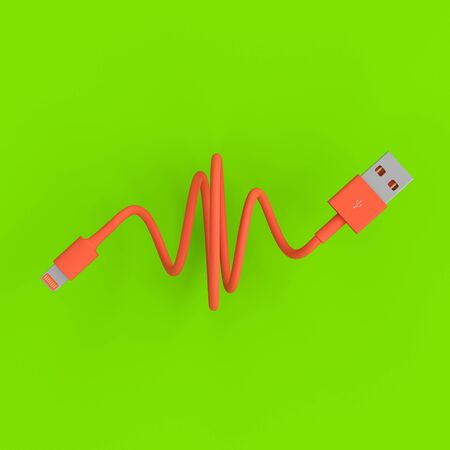 coral-colored usb connection cable on a green background. 3d render