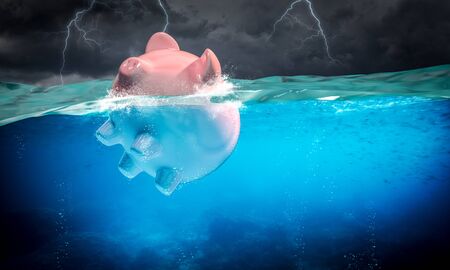piggybank floats in the stormy sea, lightning in the background. 3d image render. concept of financial risk.の写真素材