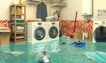 3d render image of an interior of a flooded laundry. Concept of home problems.