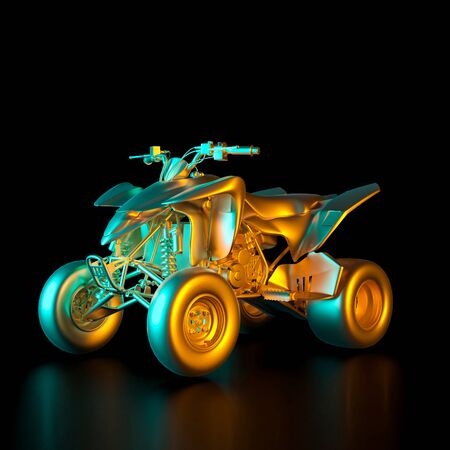 3d render image of a gold colored quad bike on a black background. Transportation, pastime and luxury concept.の写真素材