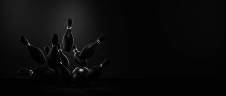 bowling ball hits the pins and strikes. sport and victory concept. 3d render image. minimalist black background. copyspace.の写真素材