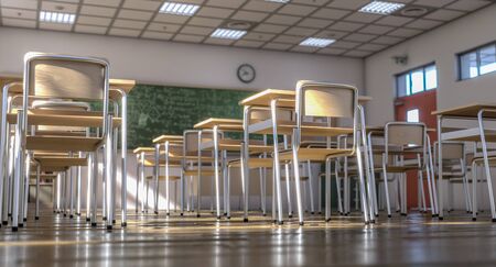 interior of a traditional style school with chairs and wooden desks, large green slate blackboard. light coming through the windows. nobody around. 3d render. selective focusの写真素材