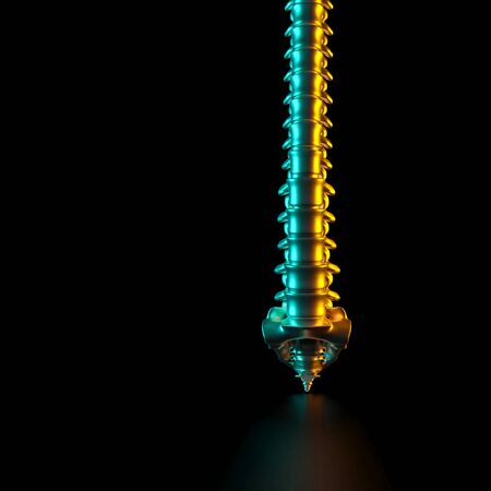 spine bones in gold color, colored side lights and black background. 3d render image. Health and...
