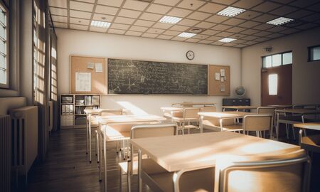 interior of a secondary school class, light from windows and cinematic atmosphere. education and study concept. 3d render. nobody around.の写真素材