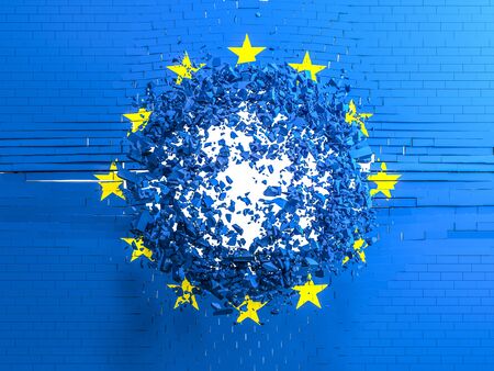 brick wall with the European flag that is destroyed and forms a hole and an explosion of fragments. concept of bankruptcy of the european union. 3d render.の写真素材