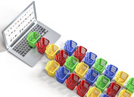 shopping cart lined up in front of a notebook on a white background. online shopping concept....