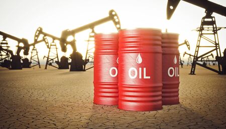 extraction pumps for desert oil and metal barrels, nobody around. concept of oil industry and energy resources. 3d render.の写真素材