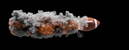 American football ball flying wrapped in flames and smoke on a black background. sport, success concept. 3d render. nobody around.の写真素材