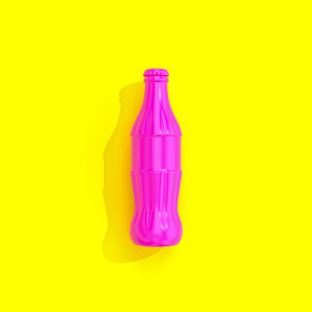 fuchsia bottle on yellow background in flat lay style. 3d render. nobody around. square format.の写真素材