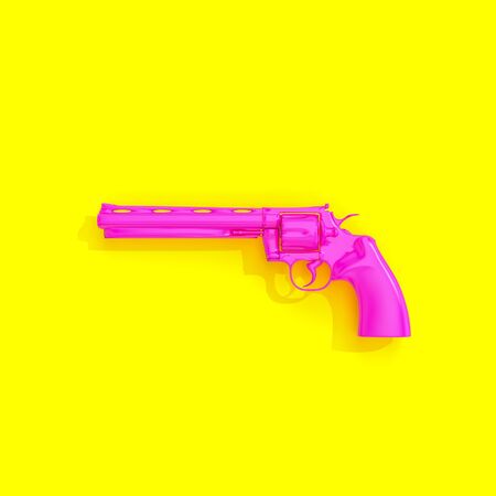 fuchsia pistol on a yellow background in flat lay style. 3d render. nobody around. square format.