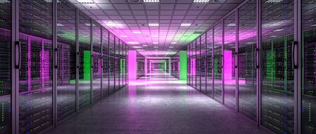 server room with purple and green lights, nobody around, 3d render. concept of web, internet,...