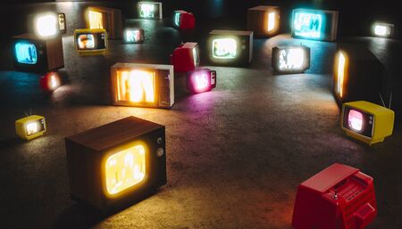 vintage televisions turned on the floor. Nobody around. 3d render. concept of mass media and tv...