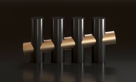 black and gold cylinders, minimal abstract geometric background. 3d render.