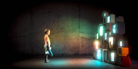standing child watching a series of turned on vintage televisions. television addiction concept.
