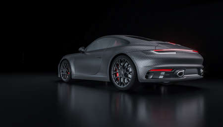 carbon fiber supercar on black background, side view. nobody around. 3d render.の写真素材
