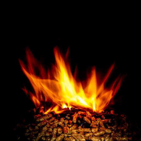 wood pellets burning with flames on black. Ecological and natural fuel.