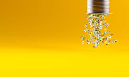 money dollars falling from a metal tube. nobody around. concept of unexpected wealth. 3d render.の写真素材