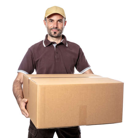 delivery man with handtruck and parcel isolated on white