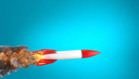 rocket with flames and smoke on a blue background. 3d render.の写真素材