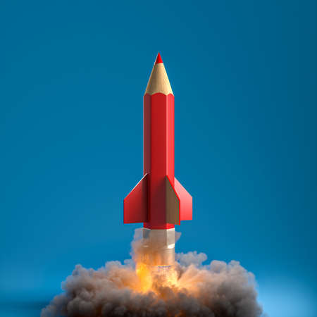 pencil in the shape of a rocket with smoke and flames. creativity and startup concept. 3d render.の写真素材