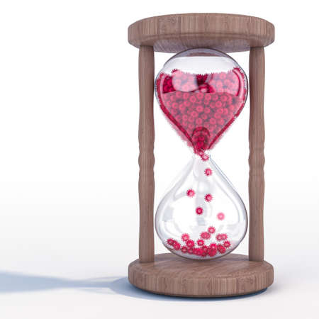 hourglass with viros covid 19 instead of sand. passing of time in the time of the pandemic. 3d...