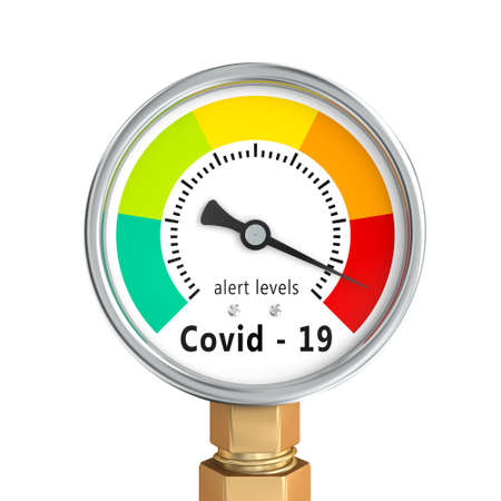 gauge for covid 19 coronavirus shows a state of high risk and alert. 3d render.