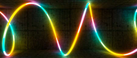 luminous spiral in different colors and neon light, concrete interior. 3d render.の写真素材