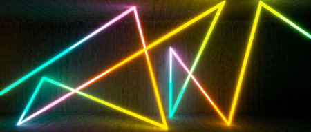 abstract background with bright neons in different colors. concrete tunnel. 3d render.の写真素材