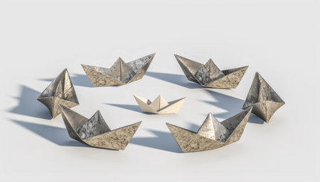 origami paper boat surrounded by metal boats. concept of strength and uniqueness. 3d render.の写真素材