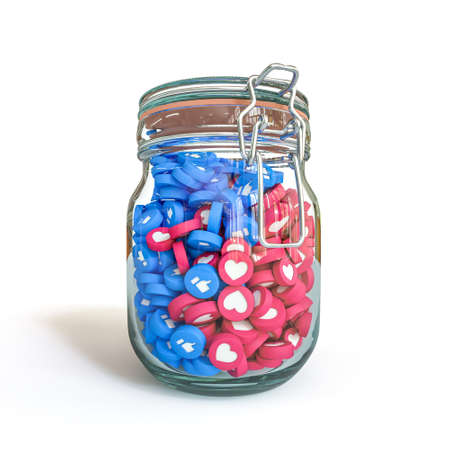 like and hearts social media icons in glass jar. 3d renderの写真素材