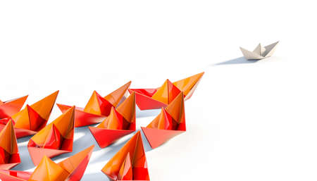 orange paper boats follow a white boat. 3d render. leader concept