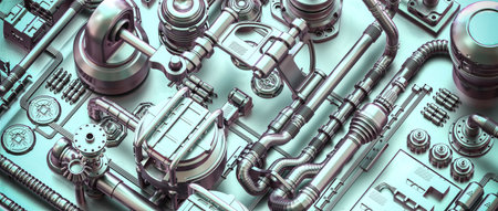 metal structure with cables and pipes in a sci-fi style. 3d render