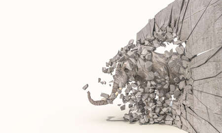 elephant destroys a wall and passes through it. 3d render.の写真素材