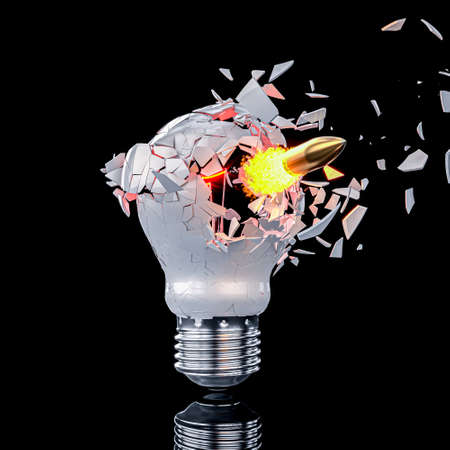 shattering light bulb hit by a bullet. 3d render.