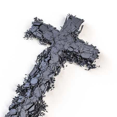 stone crucifix that breaks and shatters into small pieces. 3d renderの写真素材