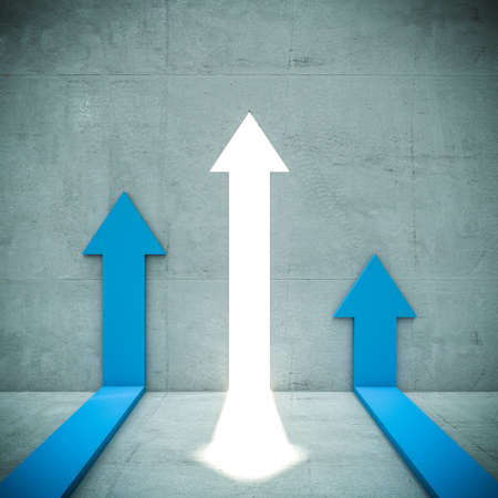 blue and red arrows on schematic block chart. business and finance concept. 3d renderの写真素材